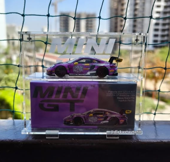 Double-decker acrylic display case with a Mini GT car on top and its box stored below